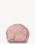 Pink cosmetic bag with gold chain design on a white background