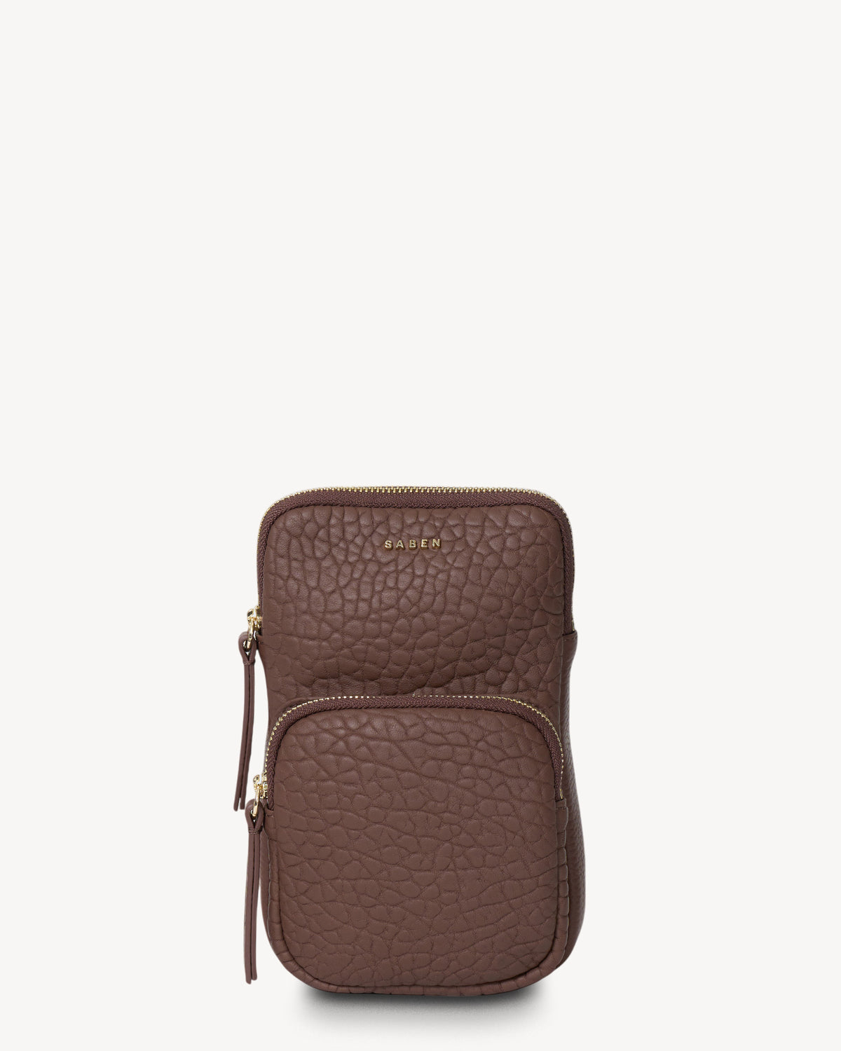 Brown leather crossbody bag on a white background